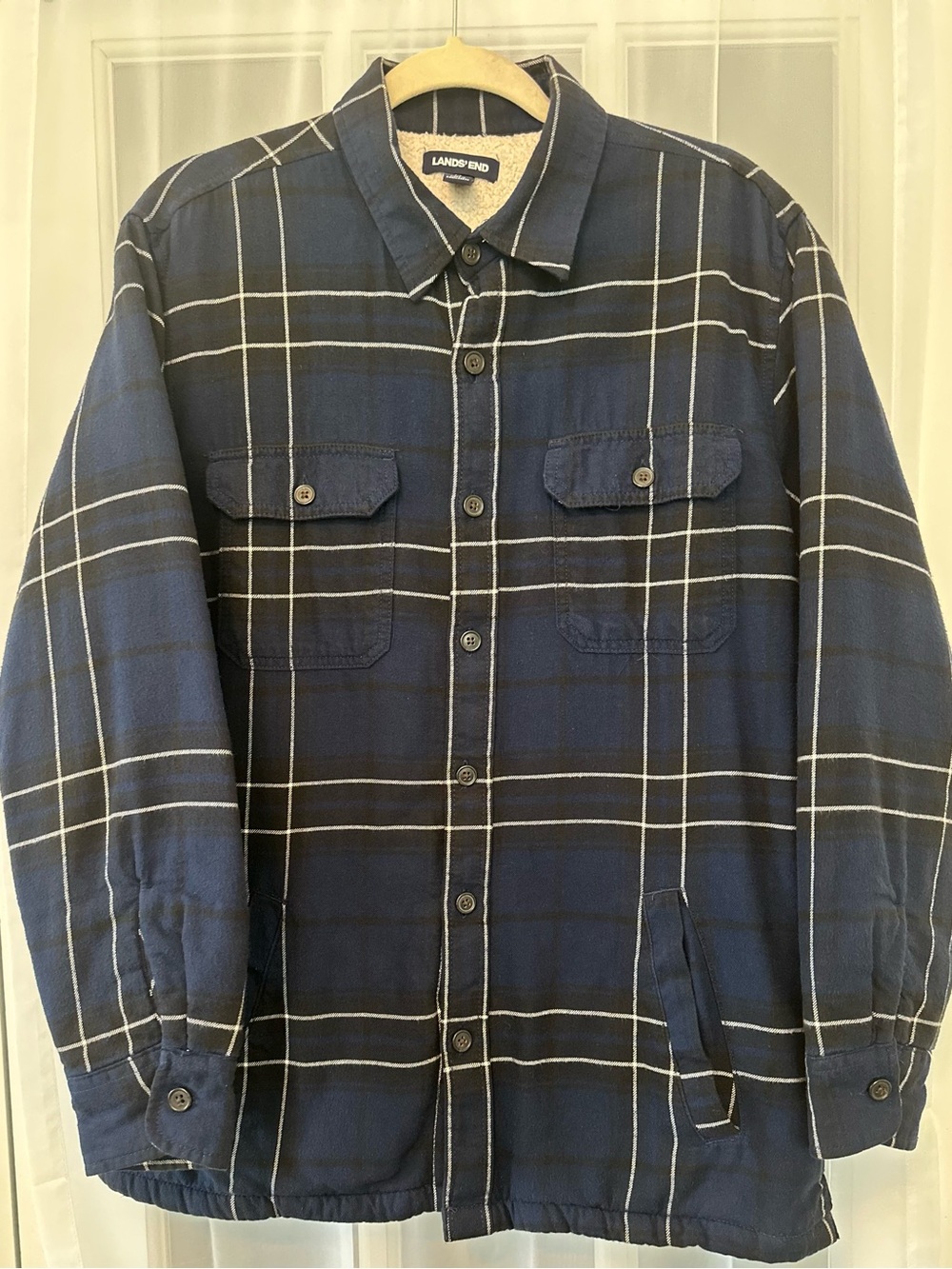 Lands’ End Sherpa Lined Insulated Flannel Shirt Jacket Men M Blue Plaid Workwear